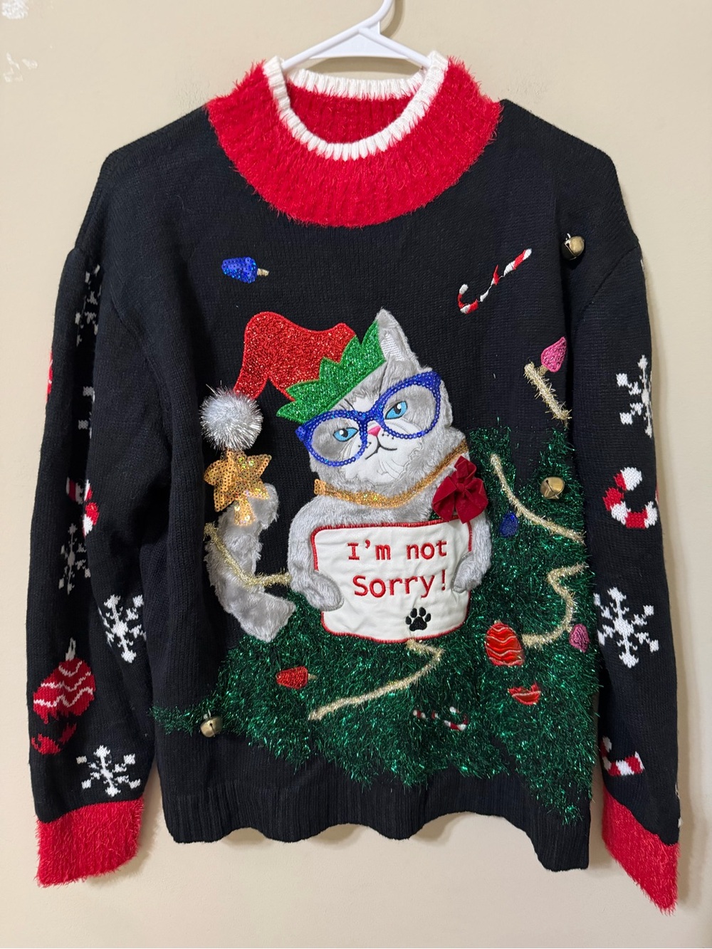 33 Degrees Women's Black Holiday Cat “I’m not sorry” Sweater festive ugly party
